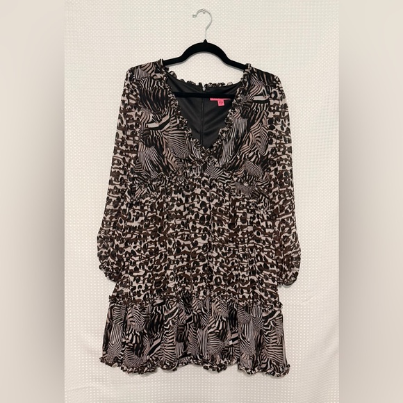 Betsey Johnson Leopard Zebra Print Ruffle Babydoll Dress Sheer Sleeve Sz 12 - Picture 4 of 6